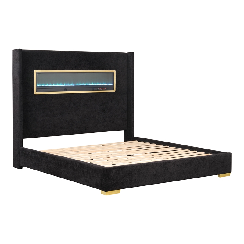 Bowery Hill Wood Queen Platform Bed with 3D Fireplace Headboard in Black
