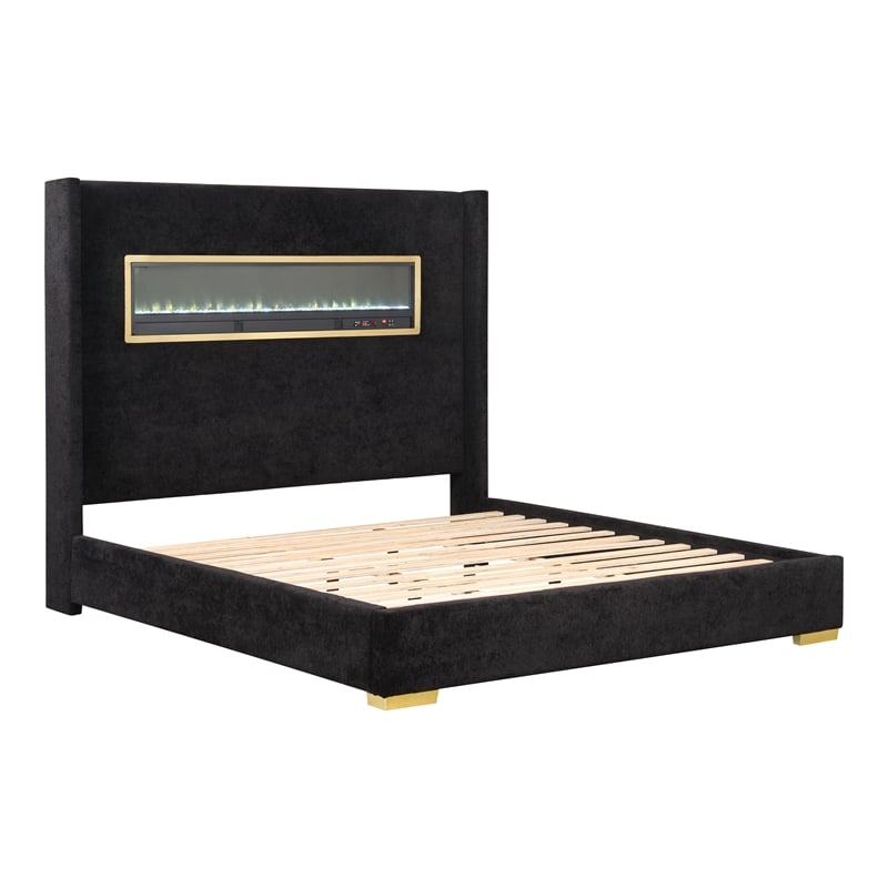 Bowery Hill Wood Queen Platform Bed with 3D Fireplace Headboard in Black