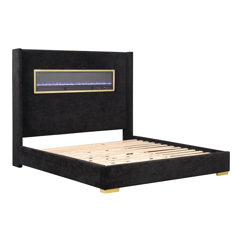 Bowery Hill Wood Queen Platform Bed with 3D Fireplace Headboard in Black
