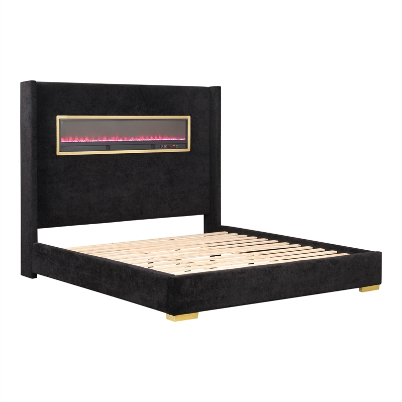 Bowery Hill Wood Queen Platform Bed with 3D Fireplace Headboard in Black