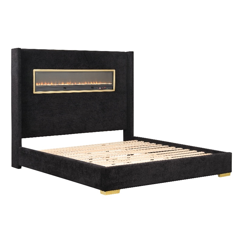 Bowery Hill Wood Queen Platform Bed with 3D Fireplace Headboard in Black