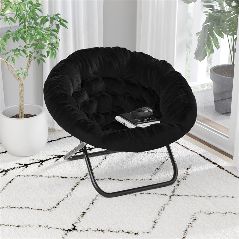 Bowery Hill XL Fabric Folding Saucer Chair in Black Faux Fur with Steel Frame