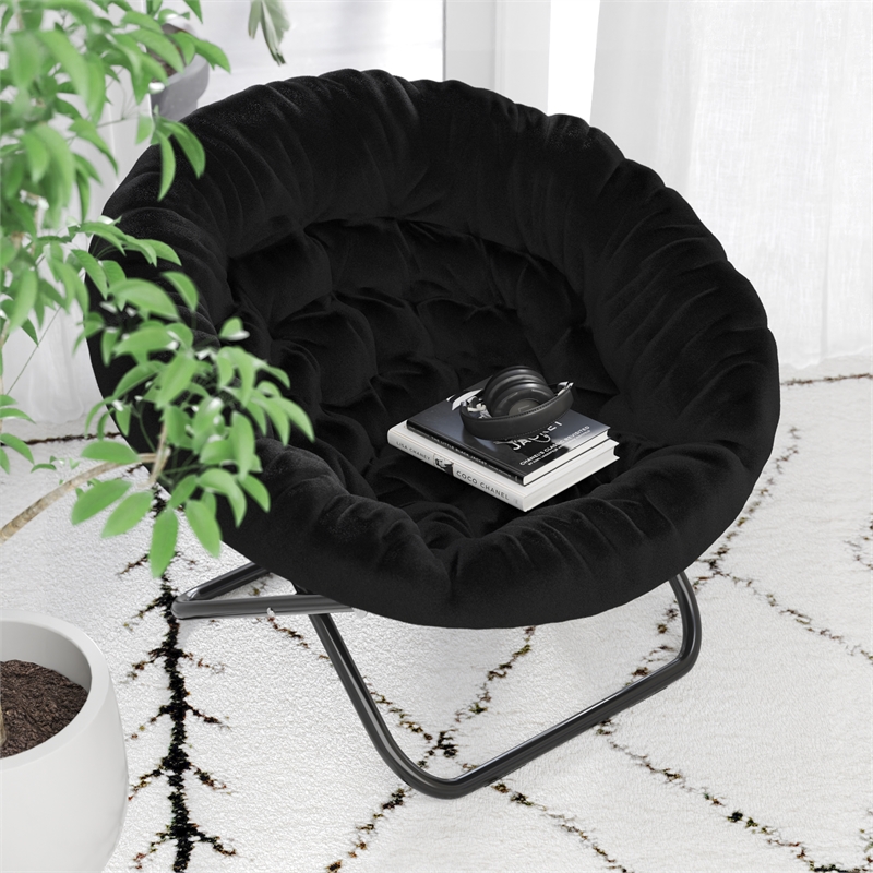 Bowery Hill XL Fabric Folding Saucer Chair in Black Faux Fur with Steel Frame
