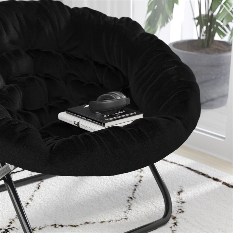 Bowery Hill XL Fabric Folding Saucer Chair in Black Faux Fur with Steel Frame