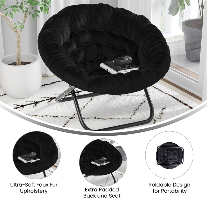 Bowery Hill XL Fabric Folding Saucer Chair in Black Faux Fur with Steel Frame