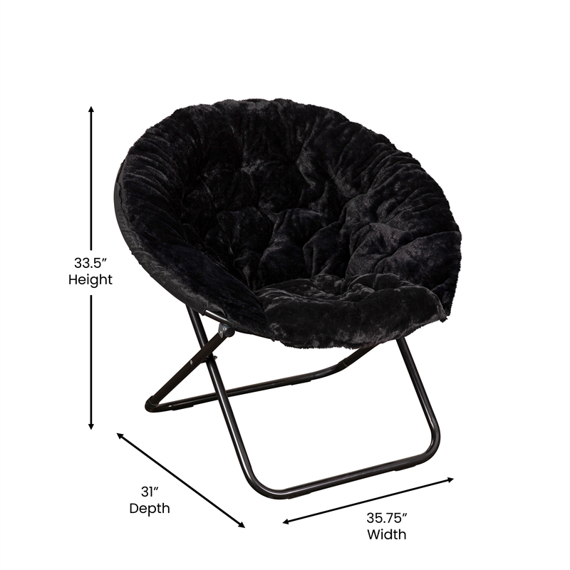 Bowery Hill XL Fabric Folding Saucer Chair in Black Faux Fur with Steel Frame