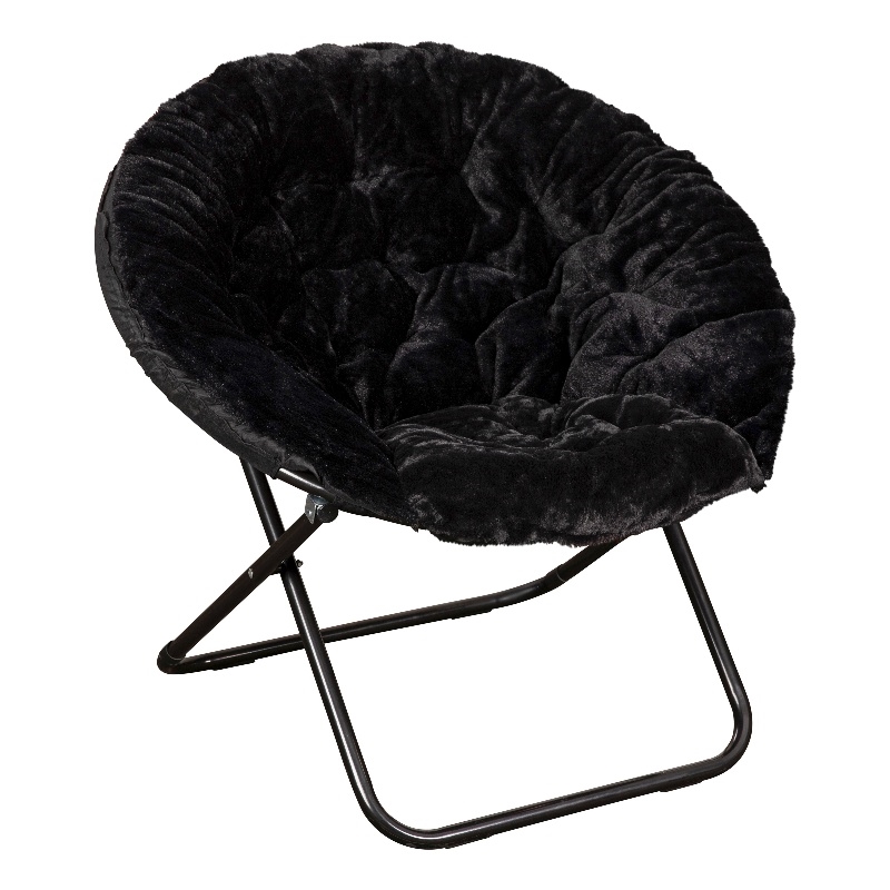 Bowery Hill XL Fabric Folding Saucer Chair in Black Faux Fur with Steel Frame