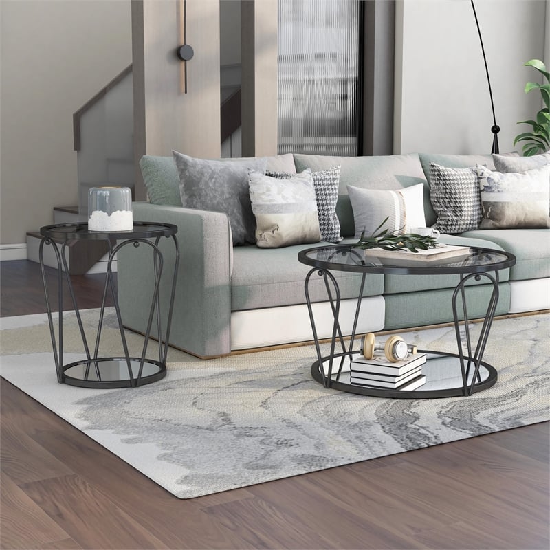 Bowery Hill 2-Piece Metal Coffee Table Set with Glass and Mirror Tops