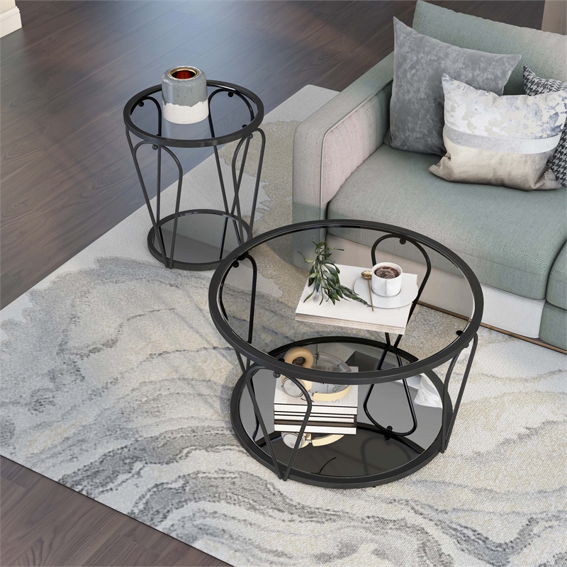 Bowery Hill 2-Piece Metal Coffee Table Set with Glass and Mirror Tops