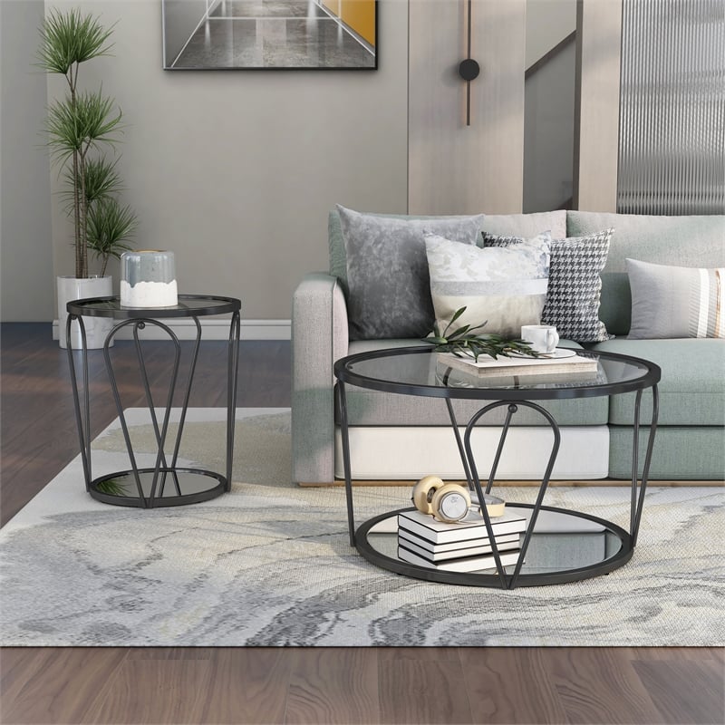 Bowery Hill 2-Piece Metal Coffee Table Set with Glass and Mirror Tops
