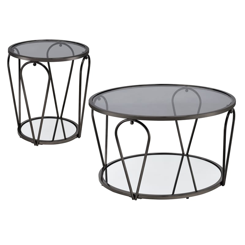 Bowery Hill 2-Piece Metal Coffee Table Set with Glass and Mirror Tops