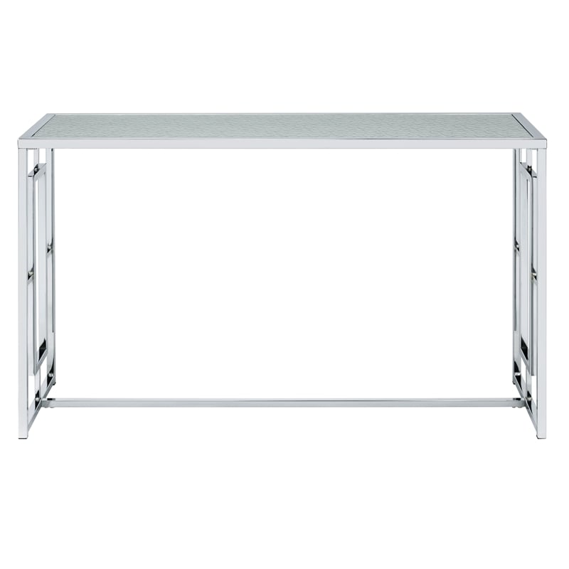 Bowery Hill Metal Sofa Table with Ripple Pattern Glass Top in Chrome Finish