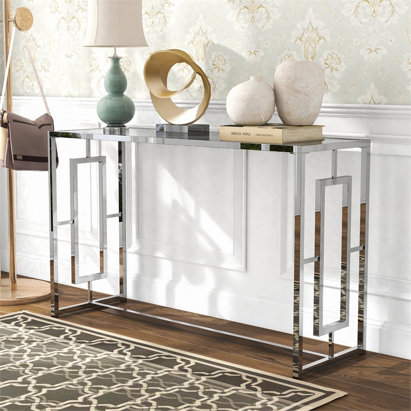 Bowery Hill Metal Sofa Table with Ripple Pattern Glass Top in Chrome Finish