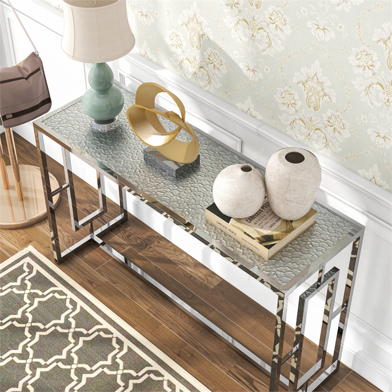Bowery Hill Metal Sofa Table with Ripple Pattern Glass Top in Chrome Finish