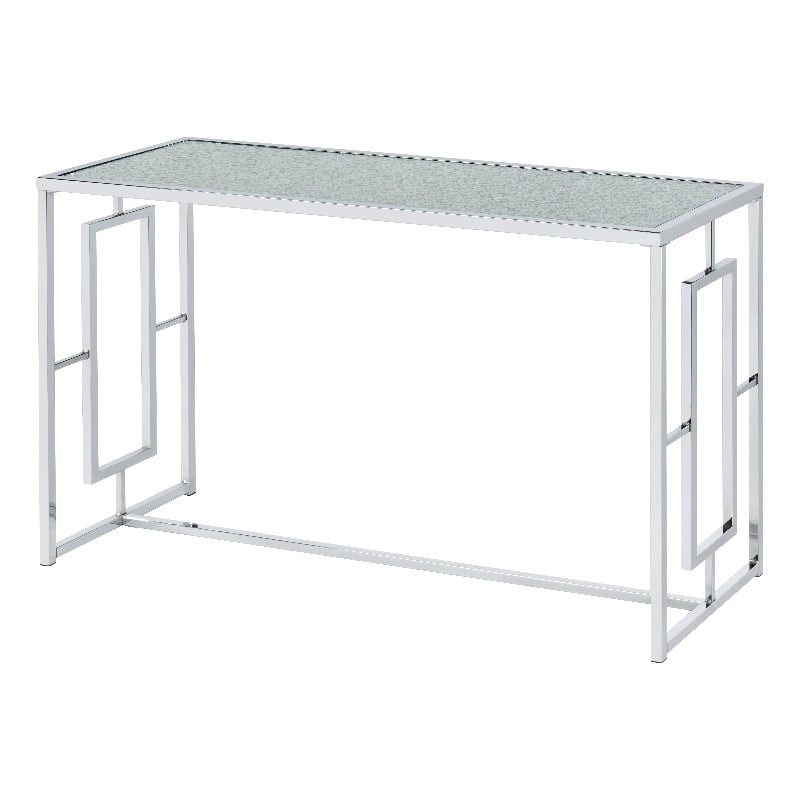 Bowery Hill Metal Sofa Table with Ripple Pattern Glass Top in Chrome Finish