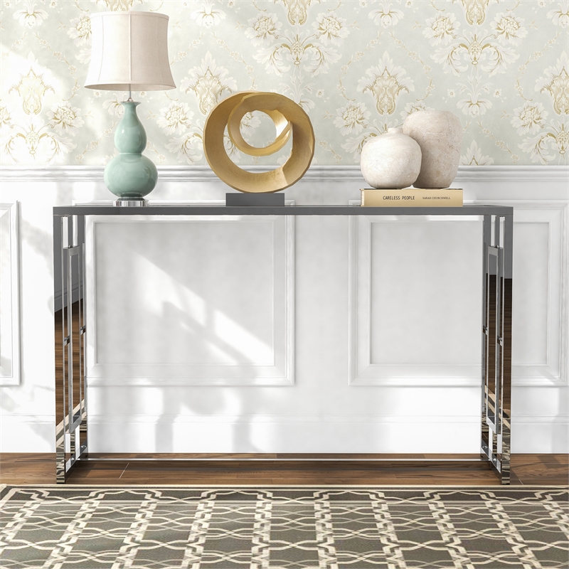 Bowery Hill Metal Sofa Table with Ripple Pattern Glass Top in Chrome Finish