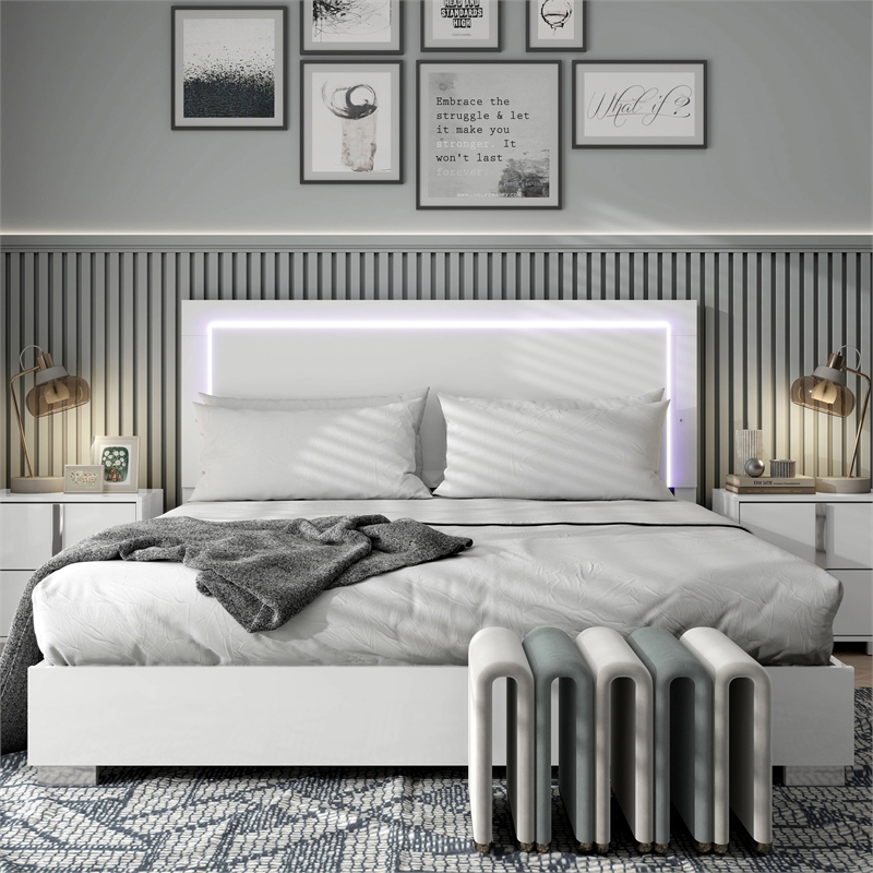 Bowery Hill LED Light King Bed Frame in White Finish