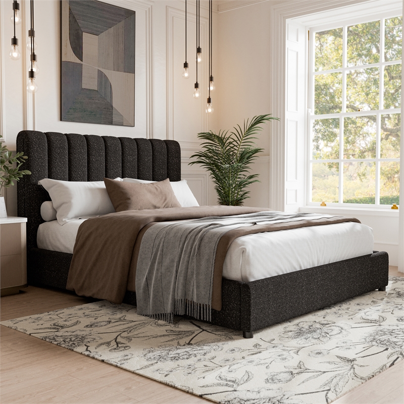 Bowery Hill Upholstered Boucle Fabric Queen Bed in Black