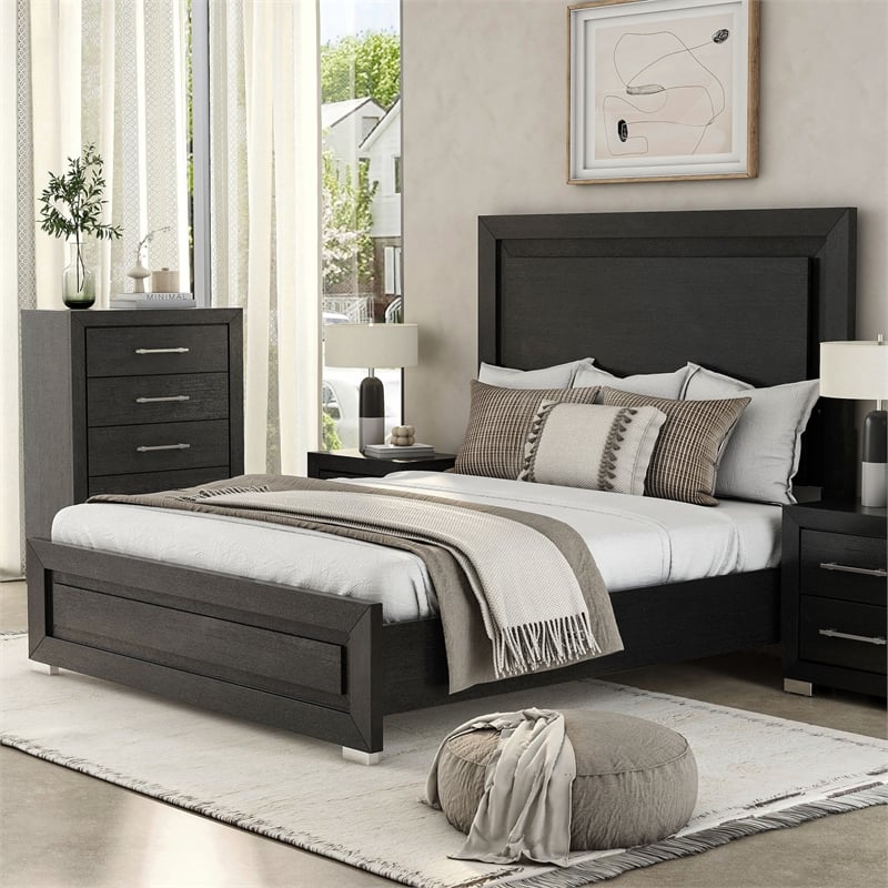 Bowery Hill Modern LED Headboard Solid Wood Eastern King Bed in Black