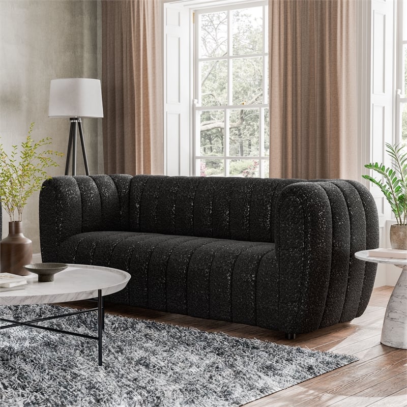 Bowery Hill Boucle Fabric Channel Tufted 3-Seater Sofa in Black
