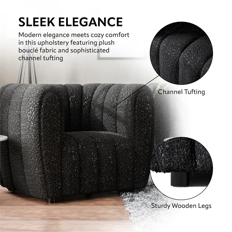 Bowery Hill Boucle Fabric Channel Tufted 3-Seater Sofa in Black