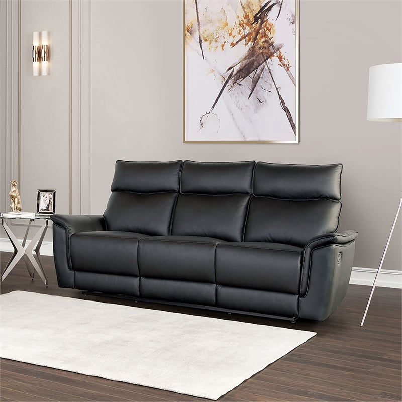 Bowery Hill Leather Reclining Sofa with Manual Recline in Black