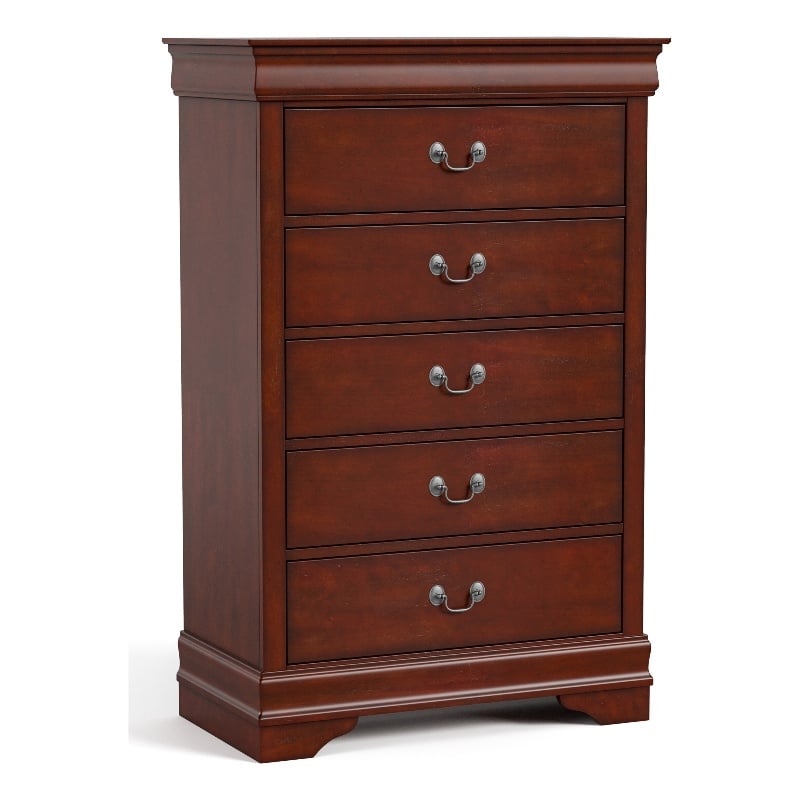 Bowery Hill 5-Drawer Chest with Nickel Handles in Cherry Finish