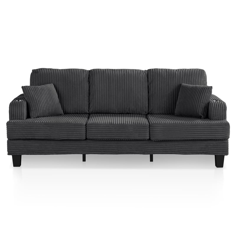 Bowery Hill Chenille Dark Gray Sofa with USB Ports and Cup Holders