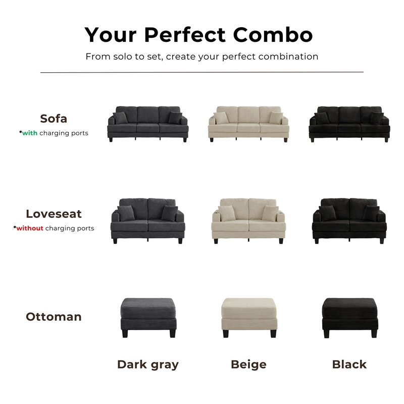 Bowery Hill Chenille Dark Gray Sofa with USB Ports and Cup Holders