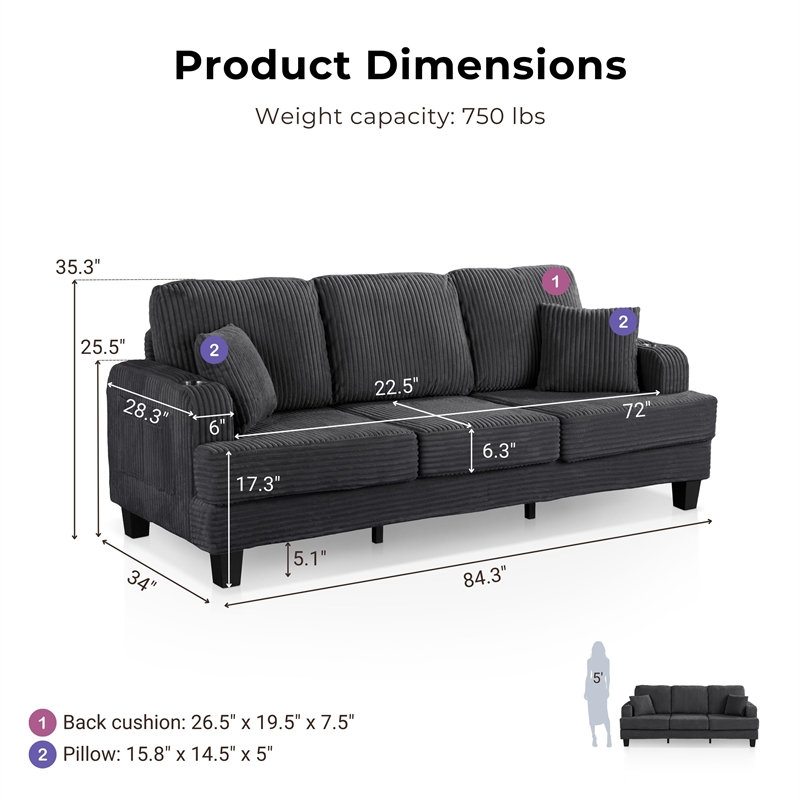 Bowery Hill Chenille Dark Gray Sofa with USB Ports and Cup Holders