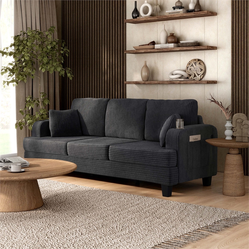 Bowery Hill Chenille Dark Gray Sofa with USB Ports and Cup Holders