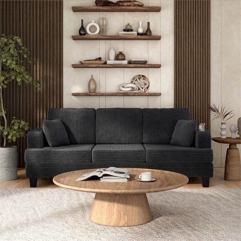 Bowery Hill Chenille Dark Gray Sofa with USB Ports and Cup Holders