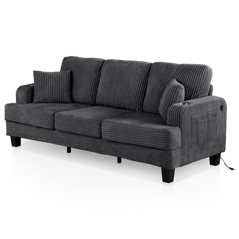Bowery Hill Chenille Dark Gray Sofa with USB Ports and Cup Holders