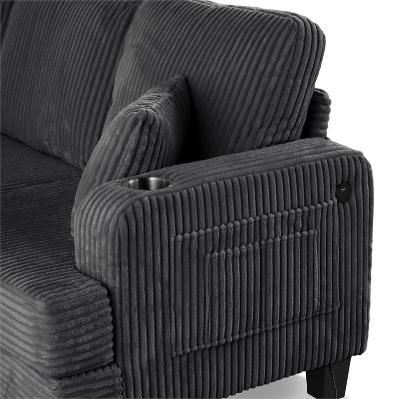 Bowery Hill Chenille Dark Gray Sofa with USB Ports and Cup Holders