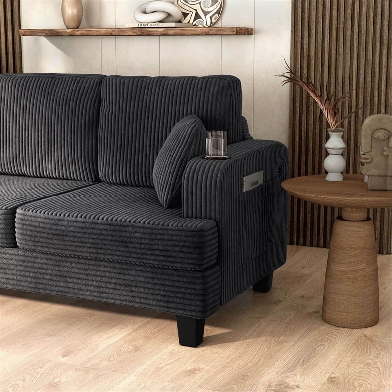 Bowery Hill Chenille Dark Gray Sofa with USB Ports and Cup Holders