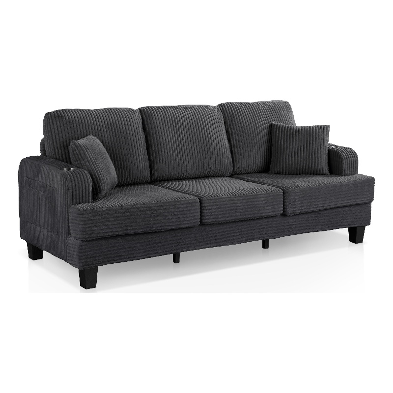 Bowery Hill Chenille Dark Gray Sofa with USB Ports and Cup Holders