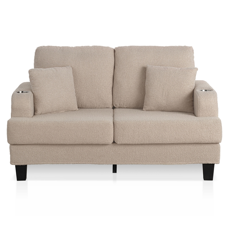 Bowery Hill Beige Fabric Loveseat with Cup Holders and Side Pockets