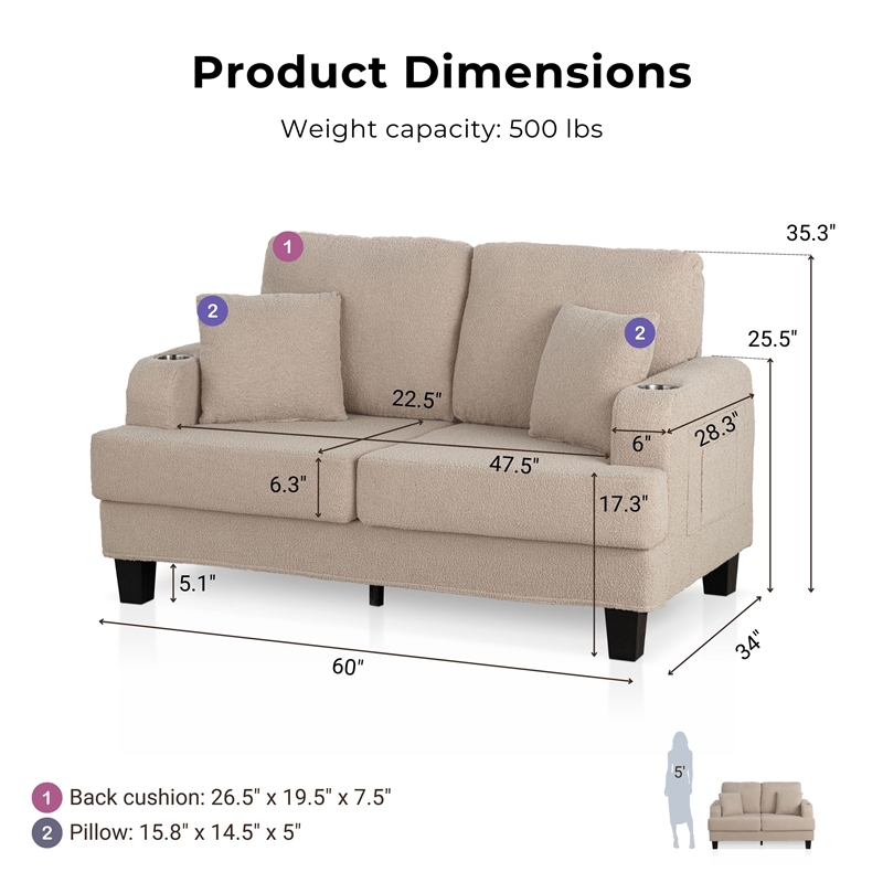Bowery Hill Beige Fabric Loveseat with Cup Holders and Side Pockets