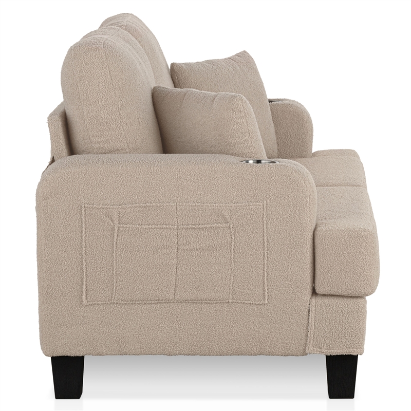 Bowery Hill Beige Fabric Loveseat with Cup Holders and Side Pockets