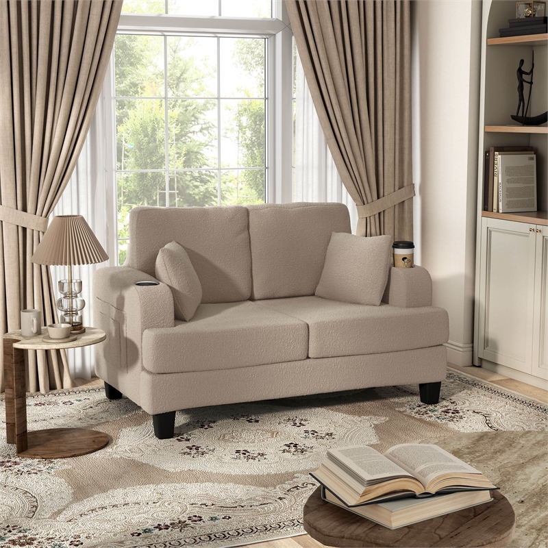 Bowery Hill Beige Fabric Loveseat with Cup Holders and Side Pockets