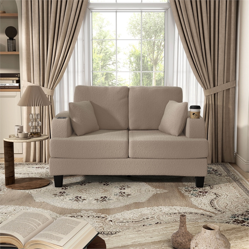 Bowery Hill Beige Fabric Loveseat with Cup Holders and Side Pockets