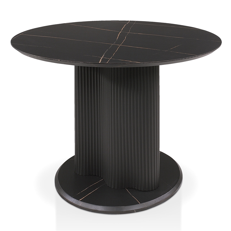 Bowery Hill Faux Marble Iron Pedestal Round Dining Table in Black