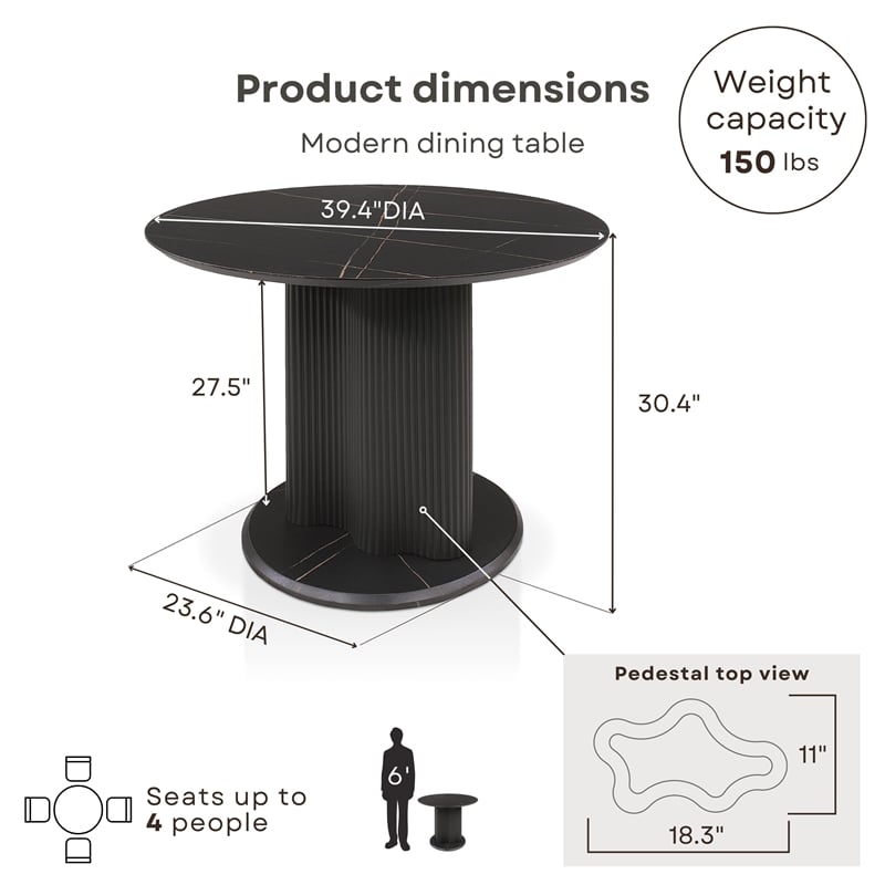 Bowery Hill Faux Marble Iron Pedestal Round Dining Table in Black
