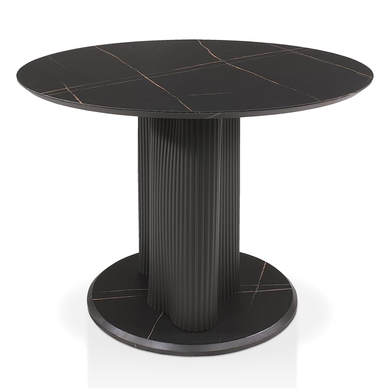 Bowery Hill Faux Marble Iron Pedestal Round Dining Table in Black