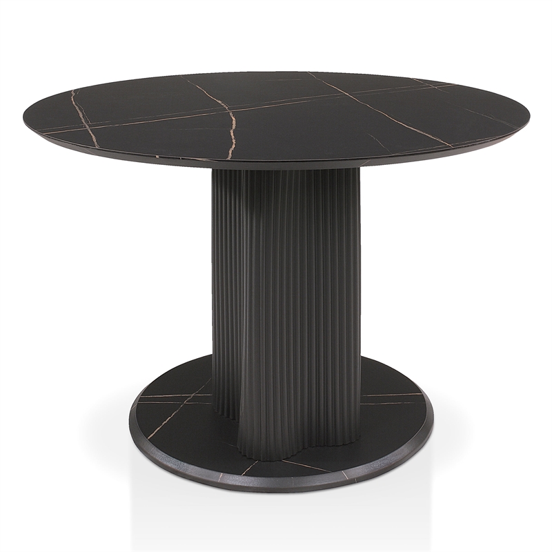 Bowery Hill Faux Marble Iron Pedestal Round Dining Table in Black