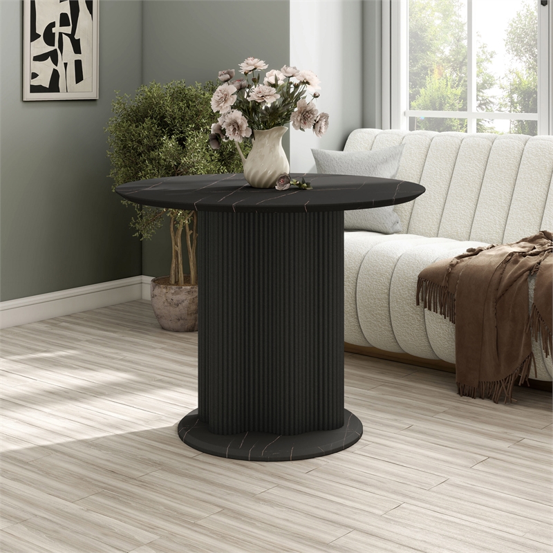 Bowery Hill Faux Marble Iron Pedestal Round Dining Table in Black