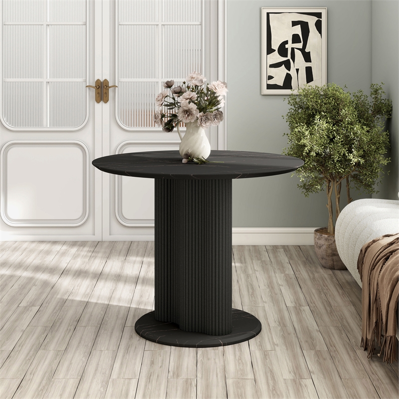 Bowery Hill Faux Marble Iron Pedestal Round Dining Table in Black