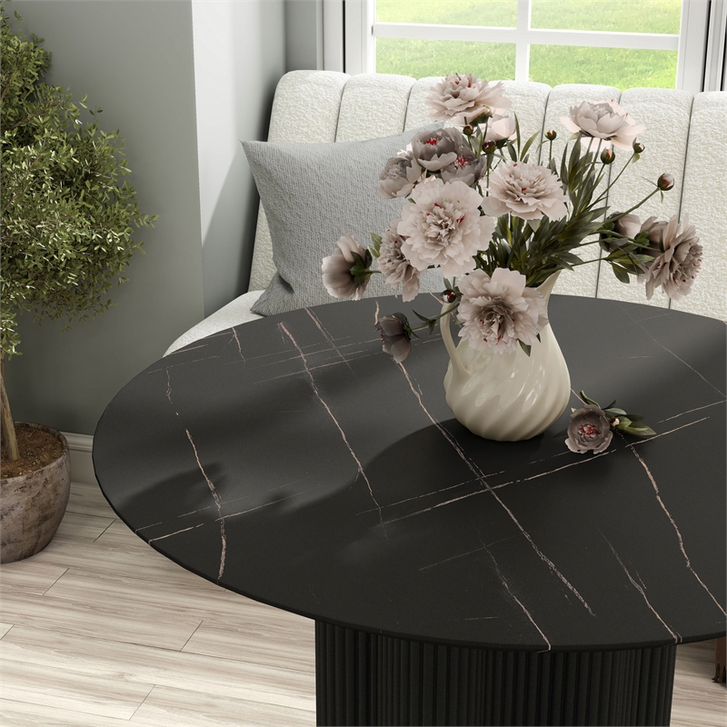 Bowery Hill Faux Marble Iron Pedestal Round Dining Table in Black