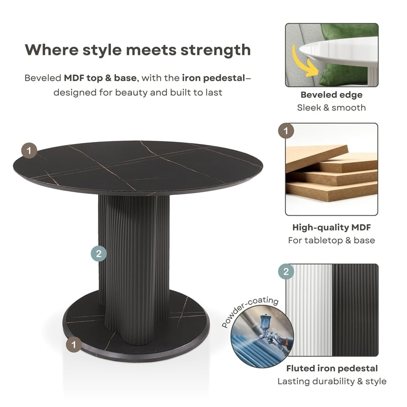 Bowery Hill Faux Marble Iron Pedestal Round Dining Table in Black