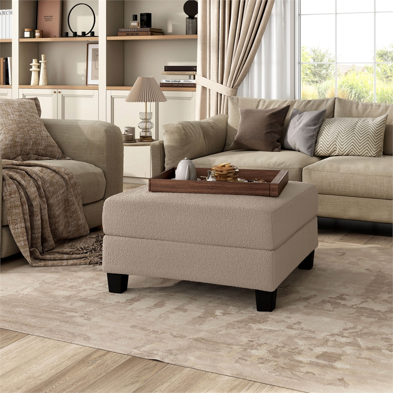 Bowery Hill Beige Fabric Storage Ottoman with Lift-Off Lid and Foam